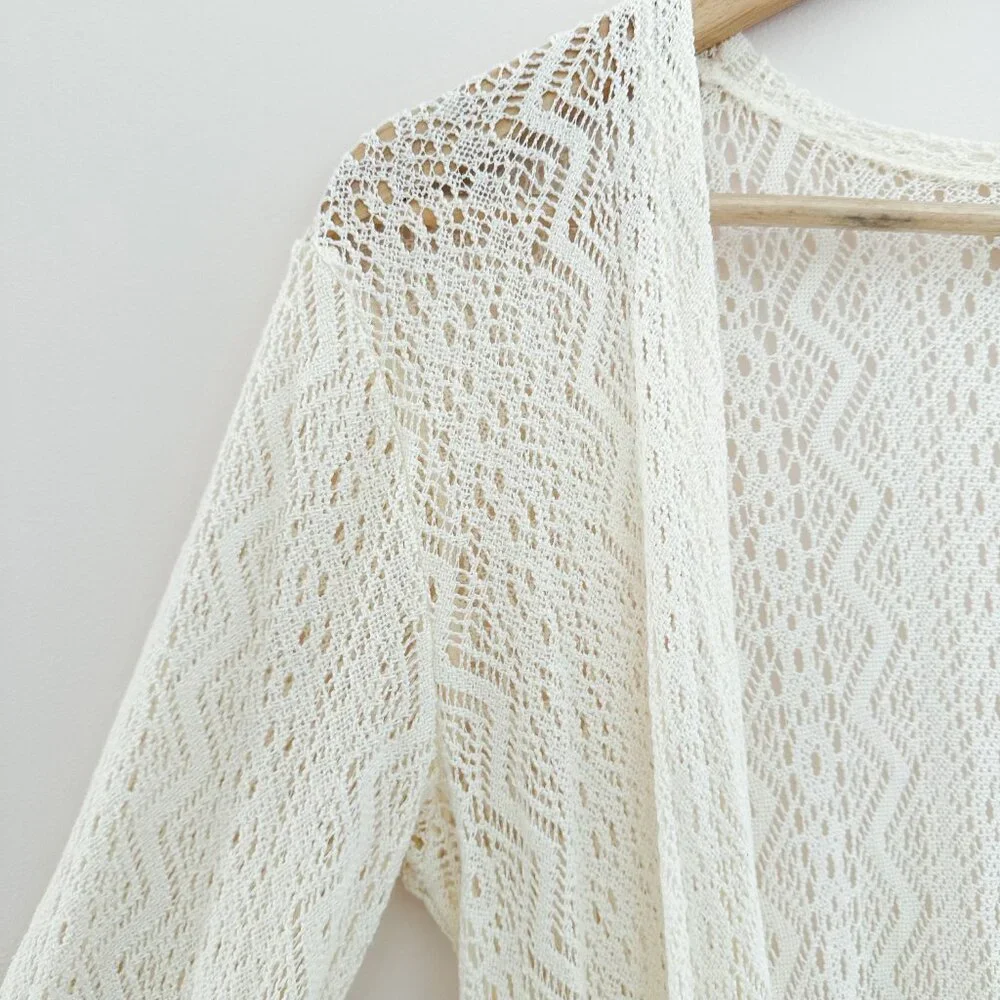 Hollister Lace Duster Kimono Open Cardigan Cream Cotton Full Length Size M - Picture 3 of 8